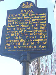 Historical marker outside the Moore School Building on the campus of the University of Pennsylvania