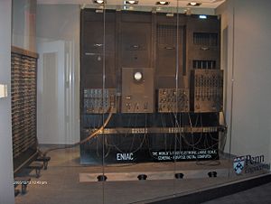 Four ENIAC panels and one of its three function tables, on display at the School of Engineering and Applied Science at the University of Pennsylvania